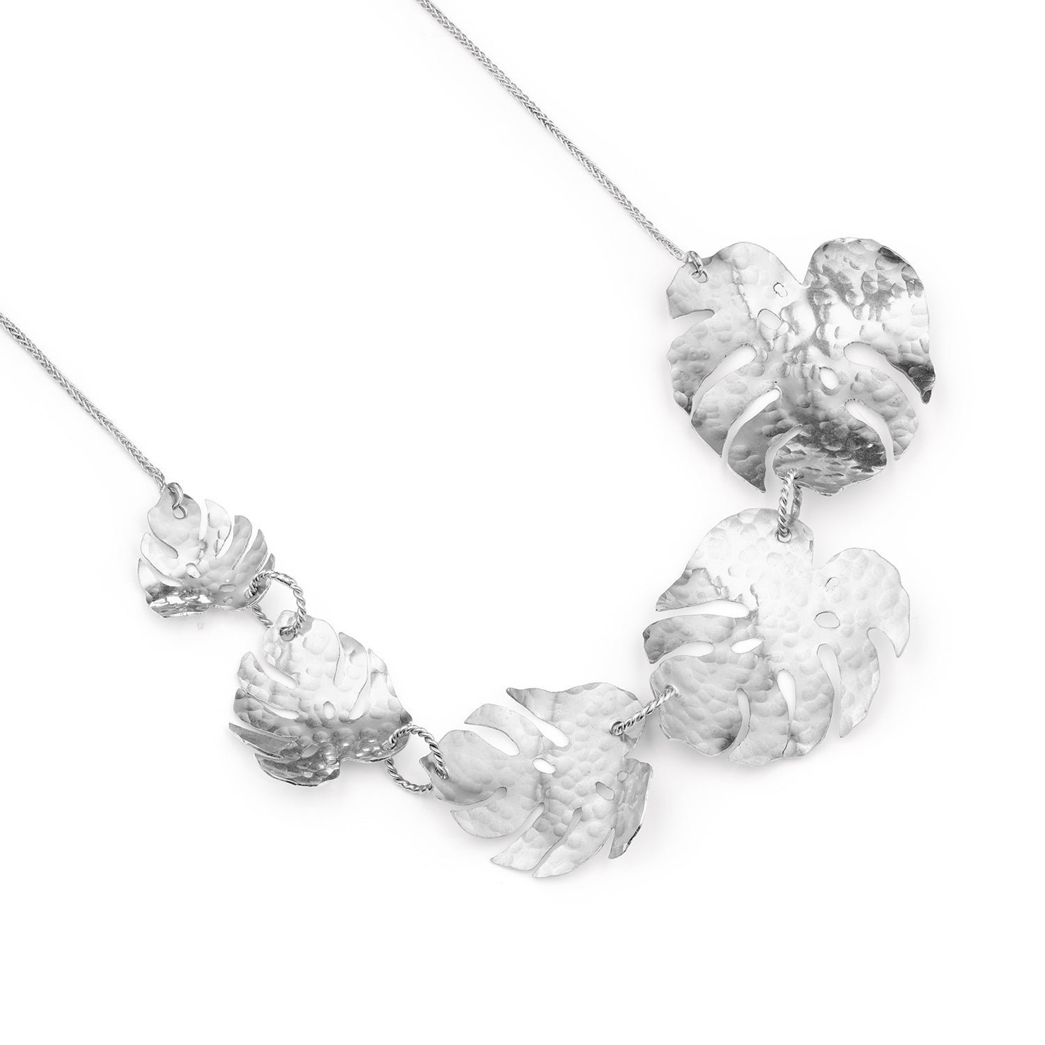 Sterling Silver Monstera 5-Leaf Necklace with Eye-Catching Hammered Details