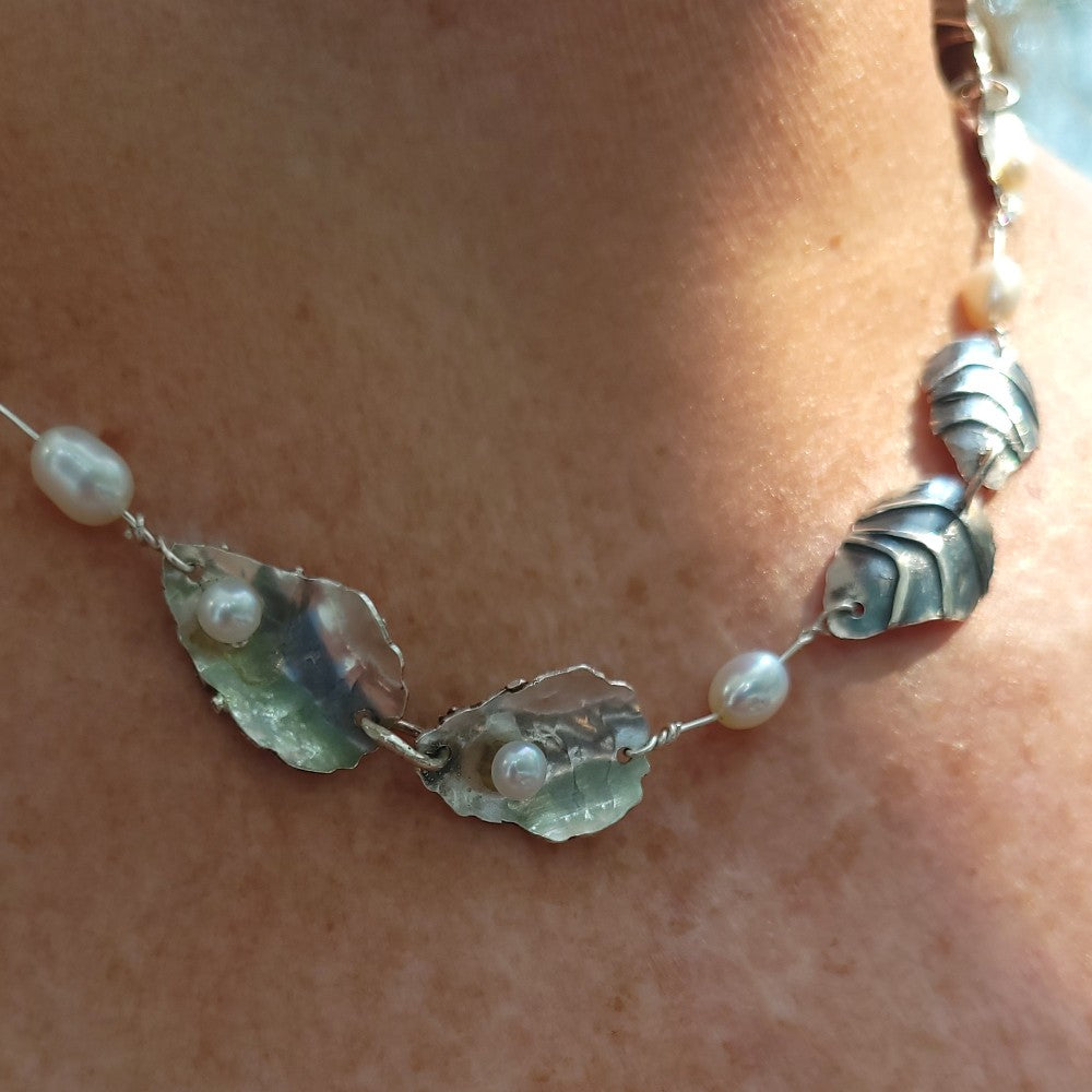 Sterling Silver Oyster Shell Necklace with Cultured Pearls