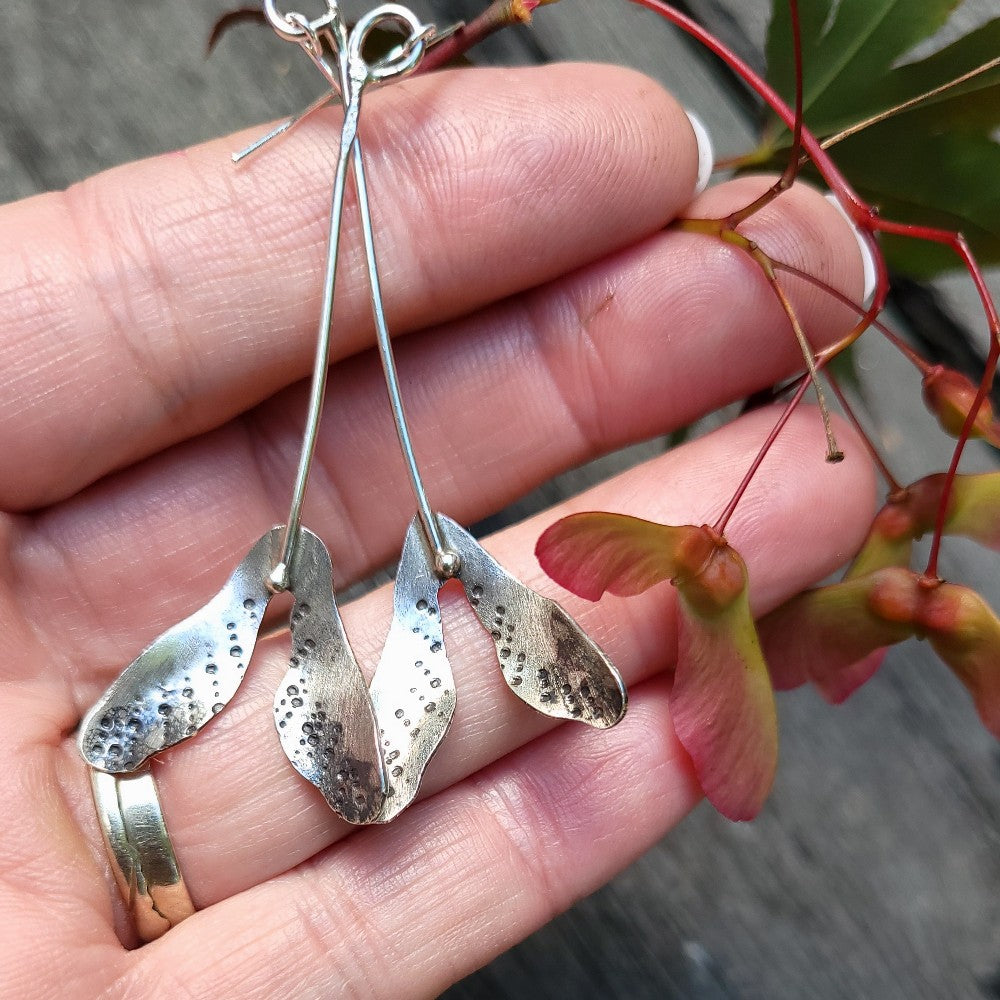 Sterling Silver Drop Maple Seed Pod Earrings