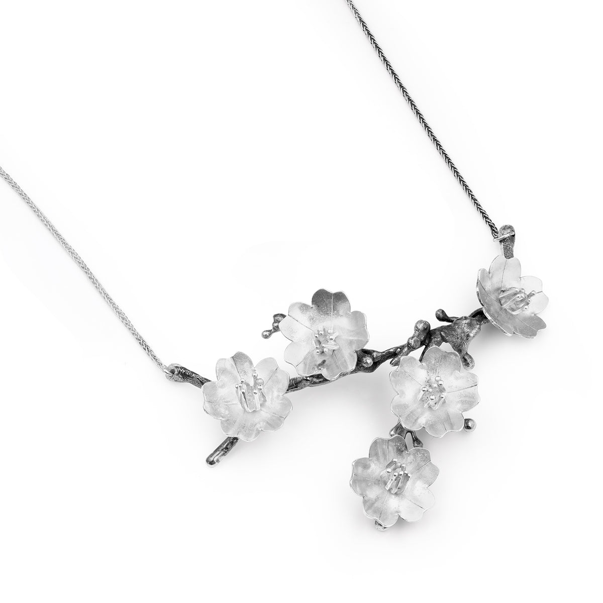 Dramatic Bloom: Handcrafted Sterling Cherry Blossom Branch Necklace