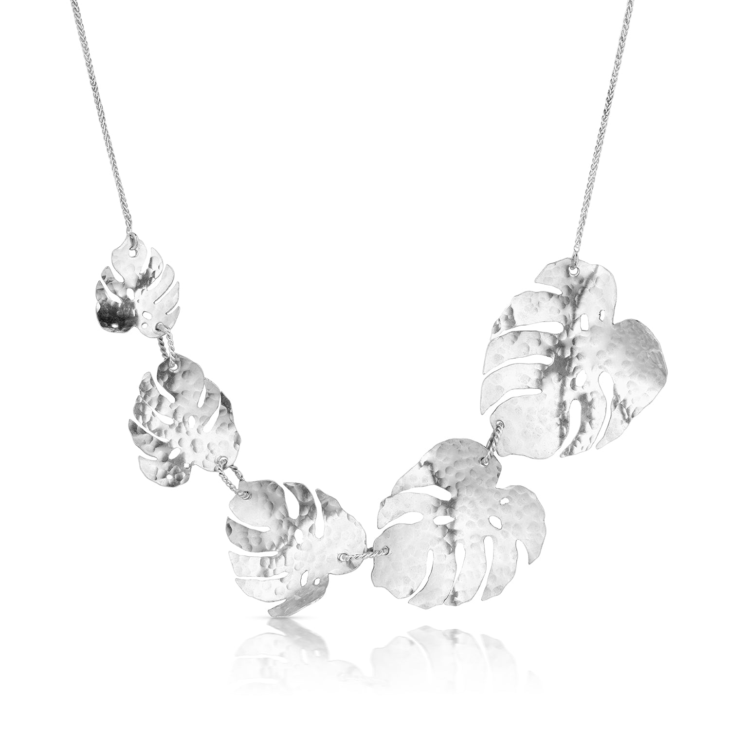 Sterling Silver Monstera 5-Leaf Necklace with Eye-Catching Hammered Details