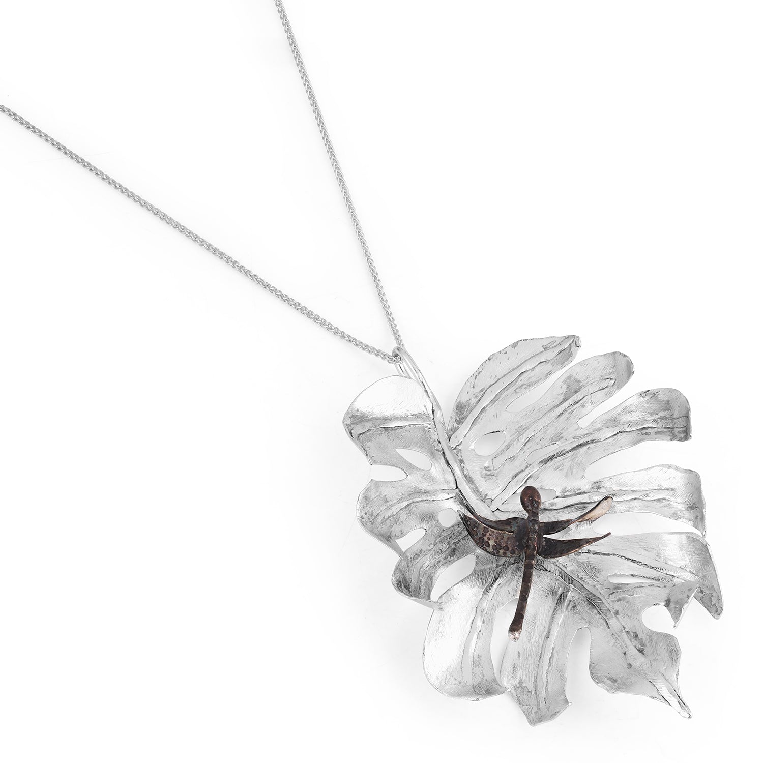 Monstera Leaf + Dragonfly Pendant Necklace