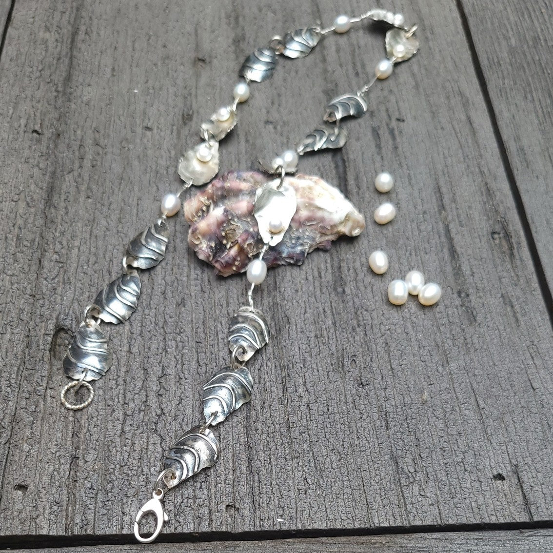 Sterling Silver Oyster Shell Necklace with Cultured Pearls