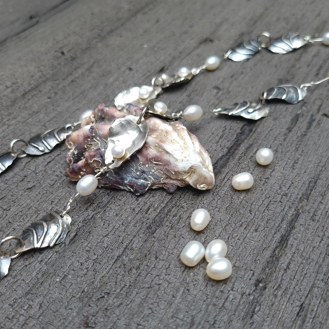 Sterling Silver Oyster Shell Necklace with Cultured Pearls