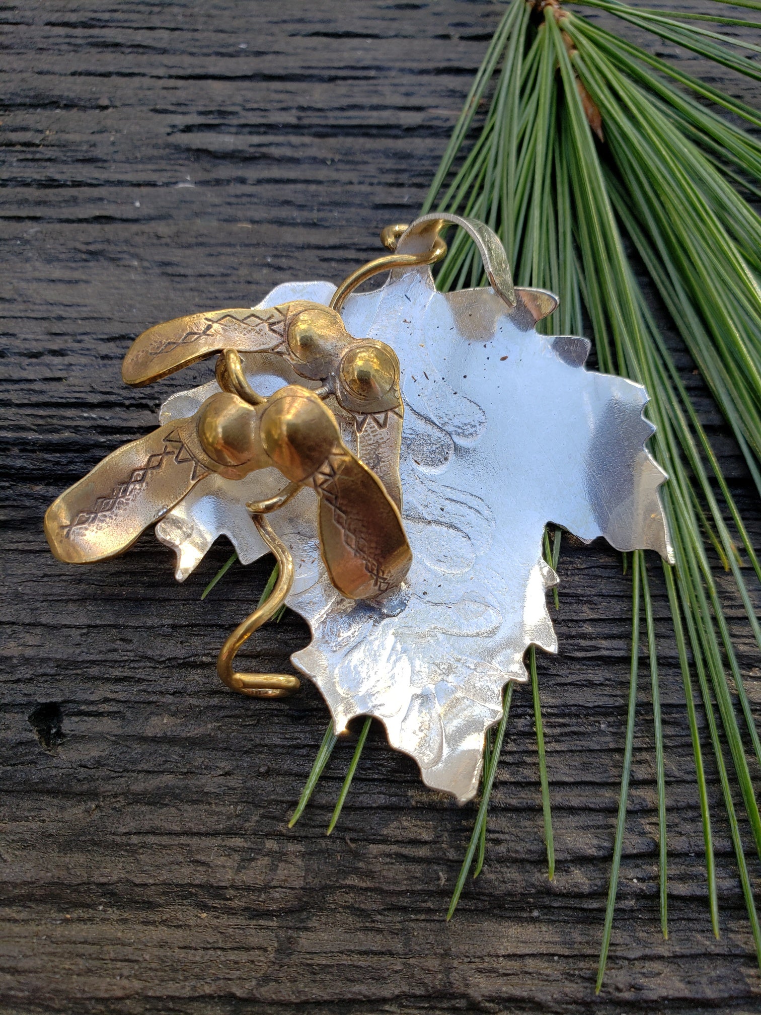 Bipin sterling maple leaf with brass seed pods