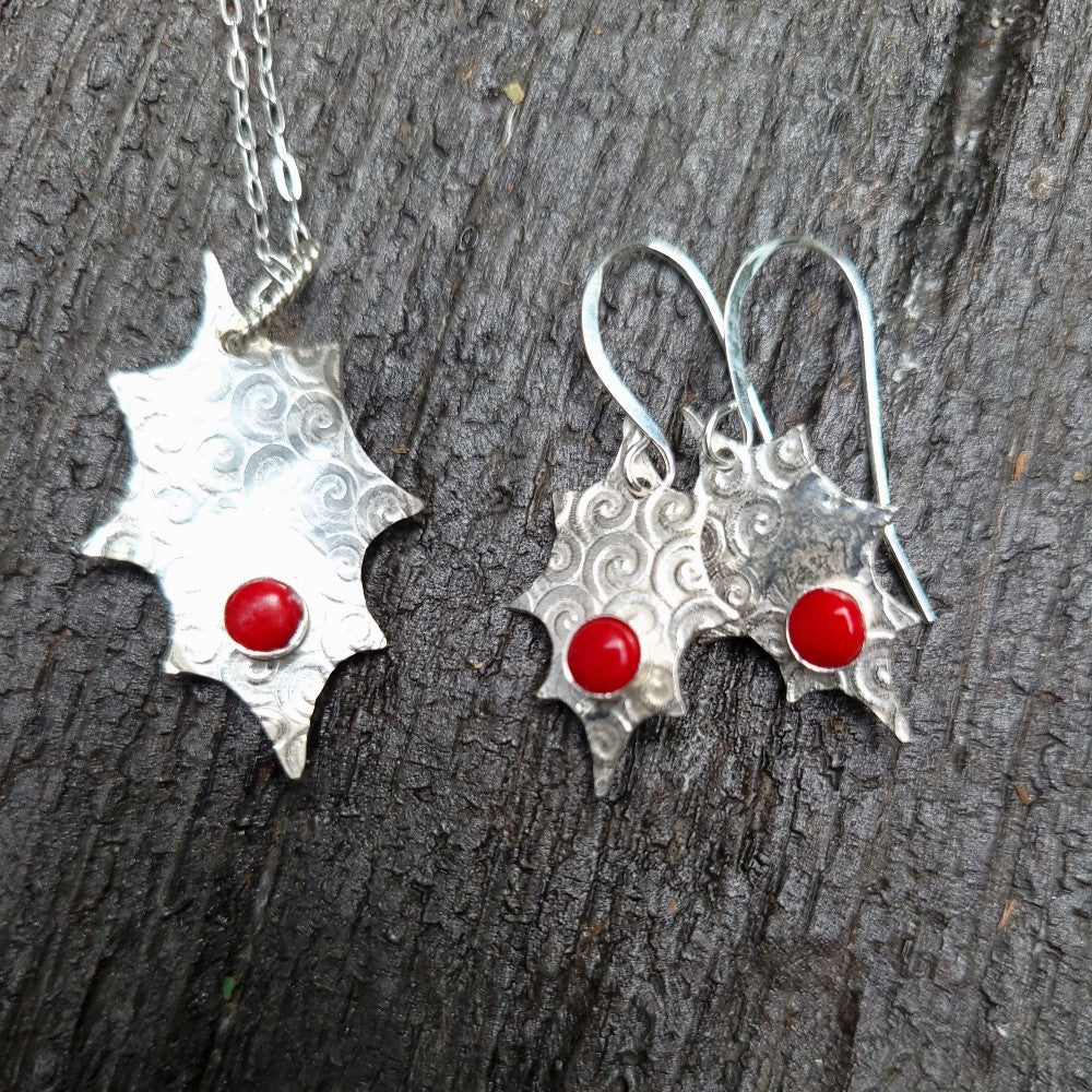 Holly earrings with red bamboo coral