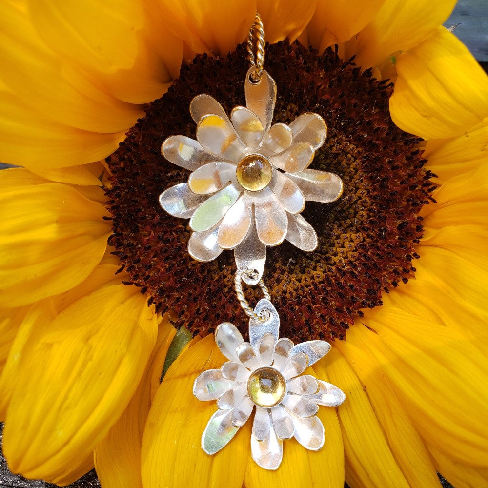 Gerbera 2-flower sterling daisy pendant