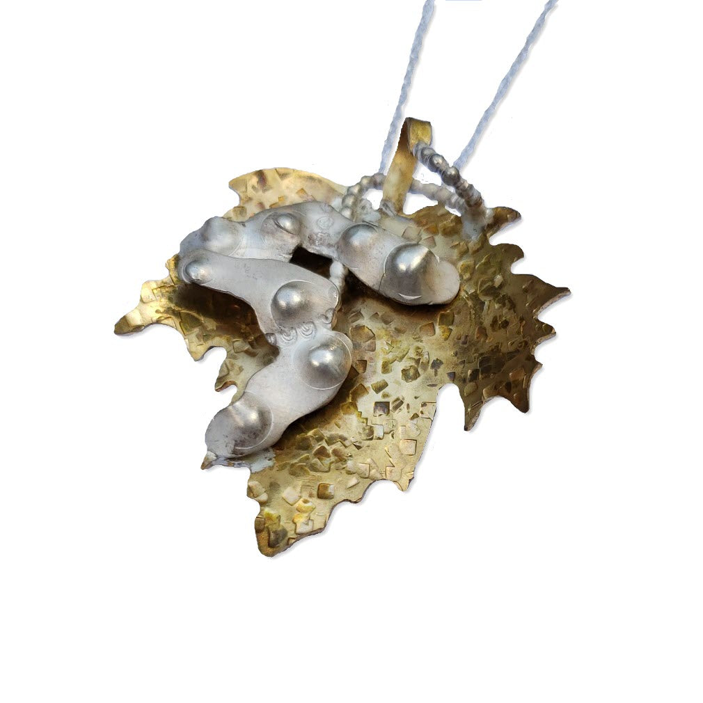 Maple leaf brass pendant with sterling seed pods
