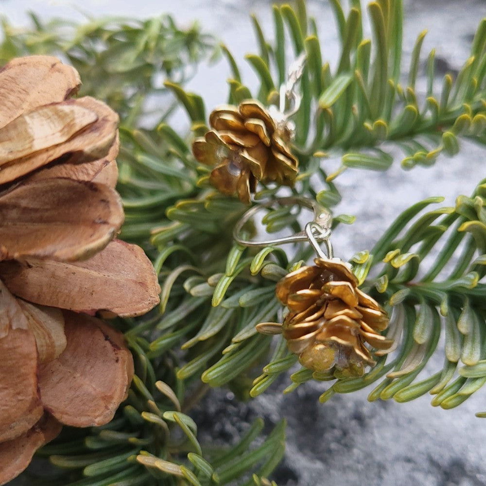 Pine cone earrings, brass
