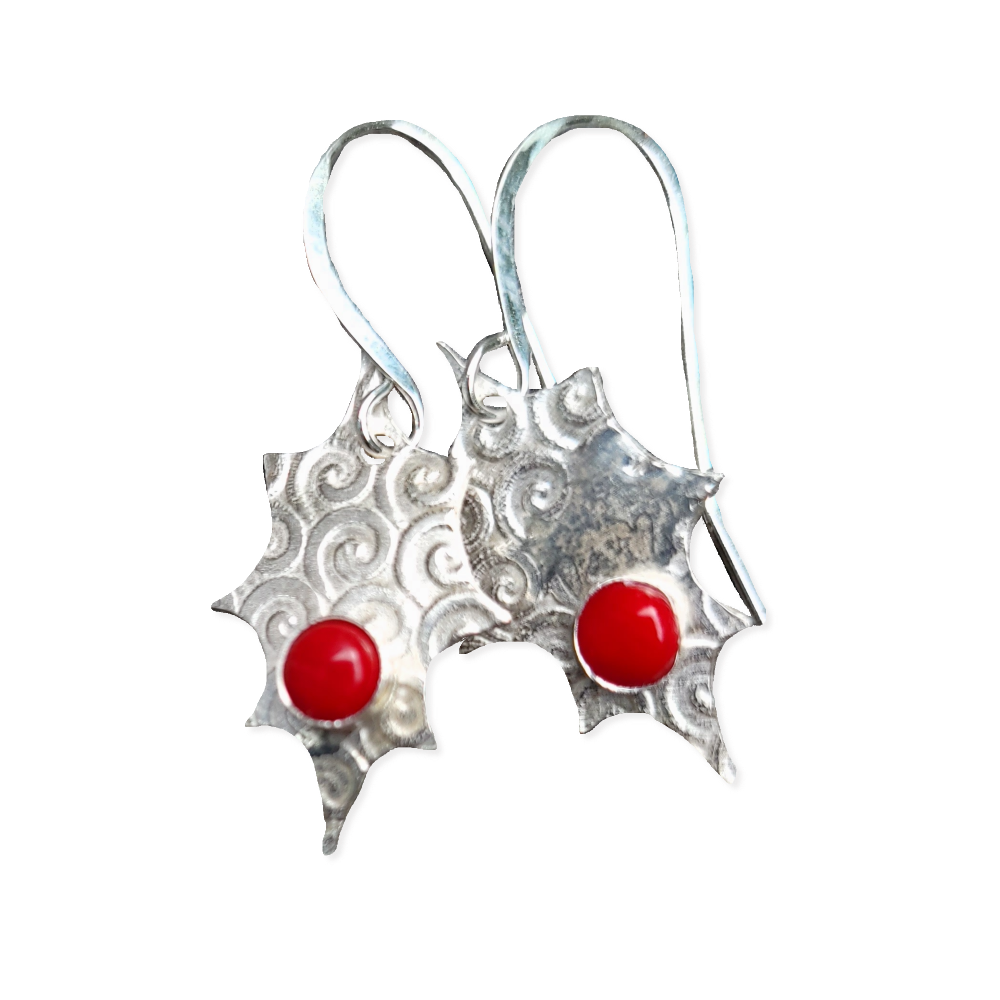 Holly earrings with red bamboo coral