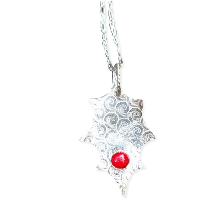 Holly pendant with red bamboo coral